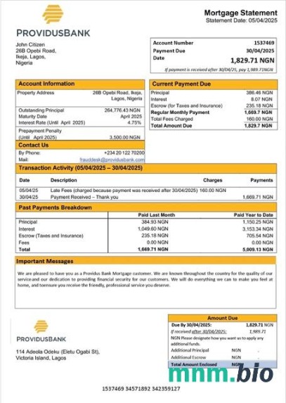 Nigeria Providus Bank wyciąg z kredytu hipotecznego szablon Word i PDF